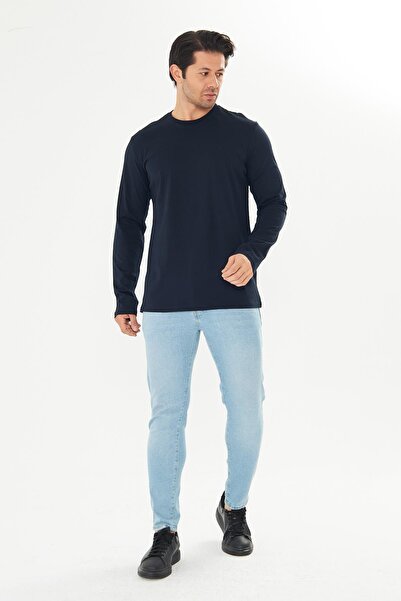 TRENDHİLL Ανδρικό βαμβακερό μπλουζάκι με μακρυμάνικο λαιμόκοψη Navy Blue 5020-L