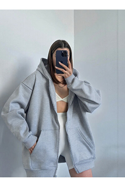 YAKAMEL Women's Zippered Oversized Kangaroo Pocket Cardigan