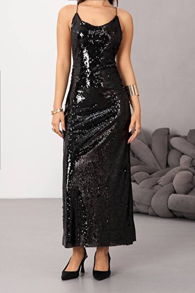 VAGGON Women's Black String Strap Backless Sequined Midi Skirt Vs01685