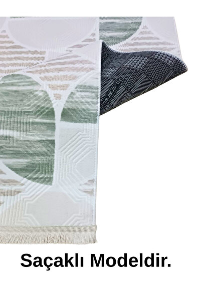 NaRStore Home Dinar Geometrik Desen Saçaklı Yeşil Kaymaz Taban Yıkanabilir Ke...