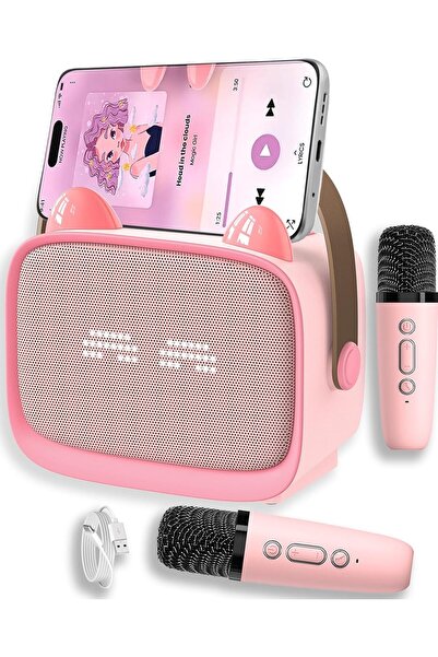 ZONEY جهاز كاريوكي صغير للأطفال مزود بميكروفونين لاسلكيين وإضاءة LED (وردي)