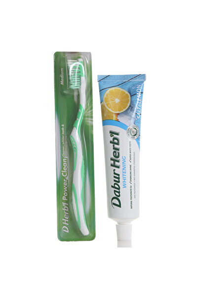 Dabur معجون أسنان عشبي، معجون أسنان مبيض بنكهة الملح والليمون 150 غرام + فرشا...