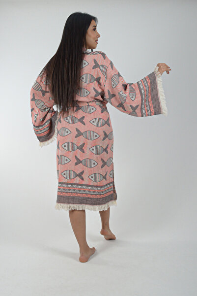 REİNA TEKS Kimono Kaftan Fish Patterned 1 Piece Bohemian Bathrobe Unisex Jacquard 3 Layers Muslin Fabric