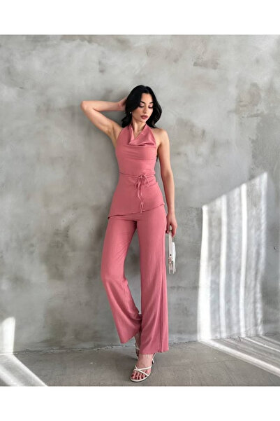 buğrahayalin Women's Dusty Rose Degaje Collar Blouse and Pants Two-Piece Set