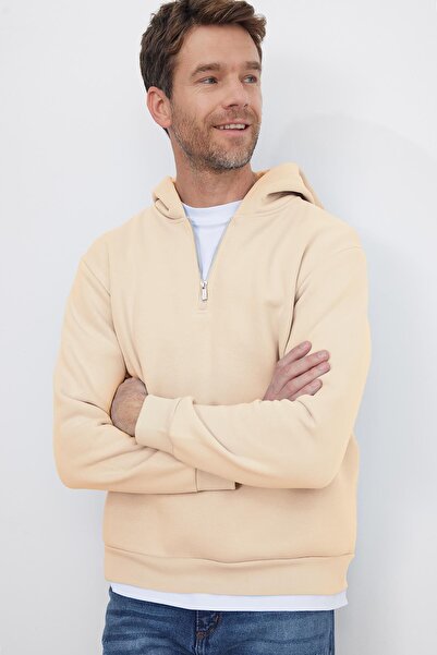 Tudors Φούτερ Unisex Relax Fit Άνετο Βαμβακερό Φλις με μισό φερμουάρ Stone K με κουκούλα