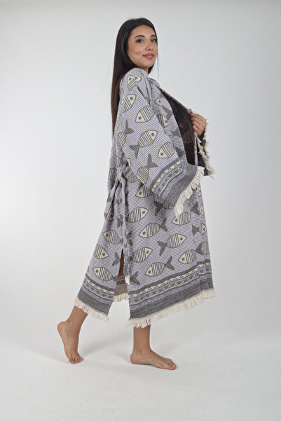 REİNA TEKS Kimono Kaftan Fish Patterned 1 Piece Bohemian Bathrobe Unisex Jacquard 3 Layers Muslin Fabric