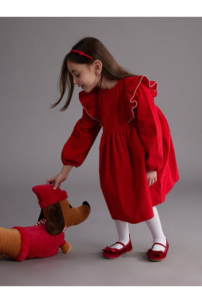 LC Waikiki Kids Red Crew Neck Velvet Girls Dress