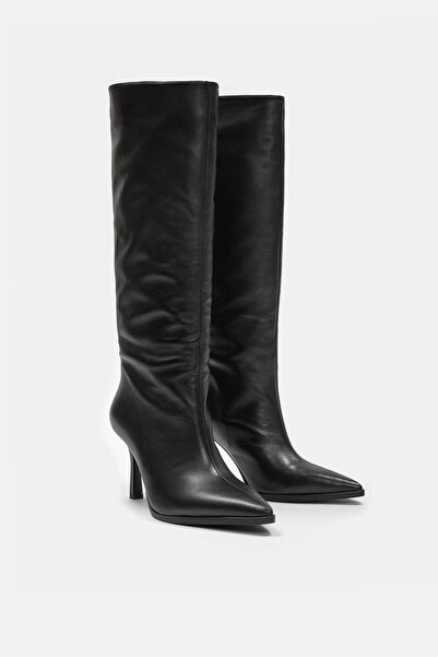 NILUFARR Melodi Black Genuine Leather Heeled Boots