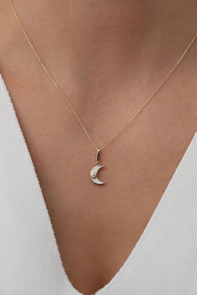 Bayar Gold 14 Ayar Altın Beyaz Mineli Minimal Ay Kolye