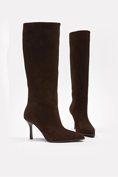 NILUFARR Melodi Bitter Brown Suede Genuine Leather Heeled Boots