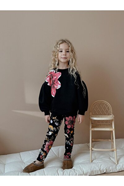 Patriko Girls' Winter Sweatshirt Leggings New Season Ş Fleece-Lined Flower Detail Stylish Bottom Top Set
