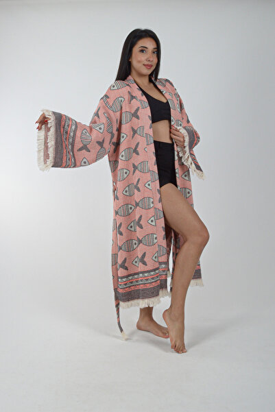 REİNA TEKS Kimono Kaftan Fish Patterned 1 Piece Bohemian Bathrobe Unisex Jacquard 3 Layers Muslin Fabric