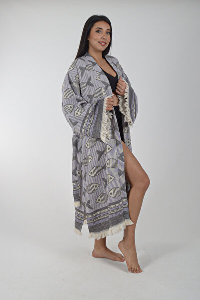 REİNA TEKS Kimono Kaftan Fish Patterned 1 Piece Bohemian Bathrobe Unisex Jacquard 3 Layers Muslin Fabric