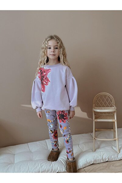 Patriko Girls' Winter Sweatshirt Leggings New Season Ş Fleece-Lined Flower Detail Stylish Bottom Top Set