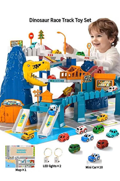 Generic Dinosaur Race Track Playset for Boys Kids 3-5, Climbing Hills Car Track Play Set with 10 Mini Cars