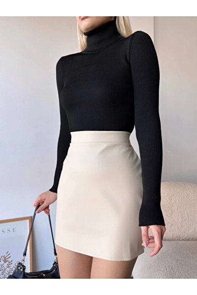 Zerenyus Plain Leather Skirt Beige