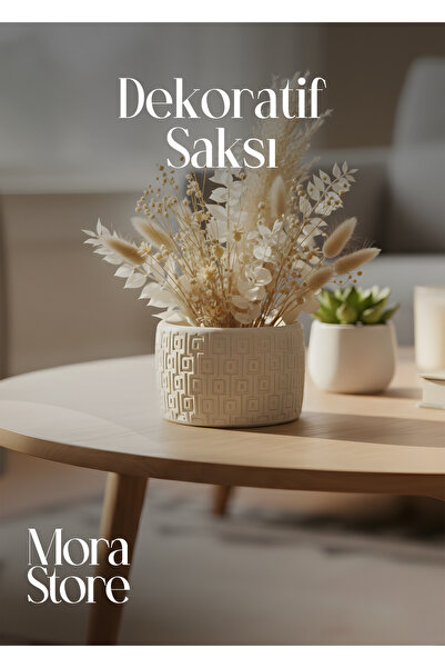 mora store Bohem Tarz Krem Beton Saksı 14×10 cm | Ev–Ofis Dekorasyon İçin Mod...