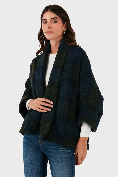 Lazzerini Tiziana Checkered Wool Blend Regular Fit Shawl Collar Poncho Poncho 6891201