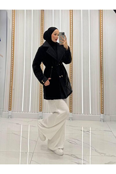 QUMRU Kadın Baklava Desenli Beli Tünel Lastikli Siyah Kapitone Kaban