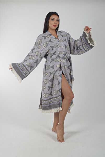 REİNA TEKS Kimono Kaftan Fish Patterned 1 Piece Bohemian Bathrobe Unisex Jacquard 3 Layers Muslin Fabric