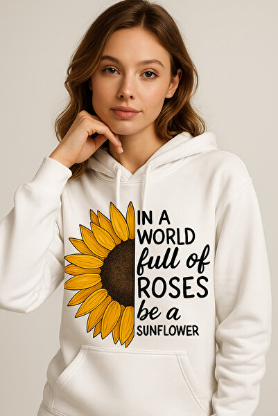 ocke Women's White Sunflower Printed Hooded Oversized Hoodie Sweatshirt