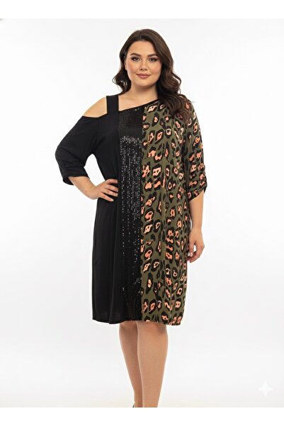 Roxxlen Rochie de damă cu paiete și leopard de mărime mare – 112410