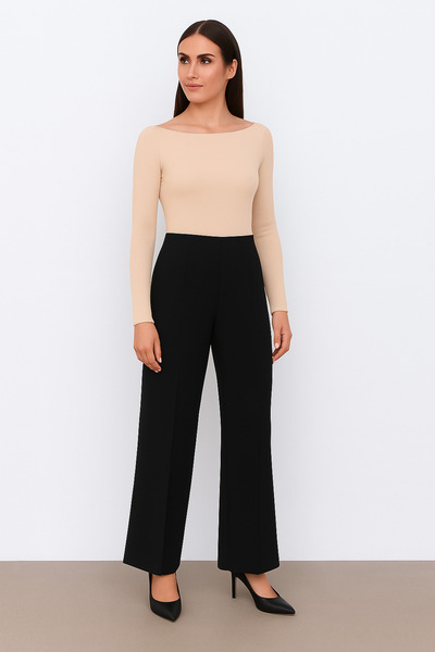 Ramior Women's Boat Neck Beige Ribbed Knit Crop Blouse