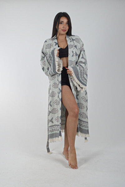 REİNA TEKS Kimono Kaftan Fish Patterned 1 Piece Bohemian Bathrobe Unisex Jacquard 3 Layers Muslin Fabric