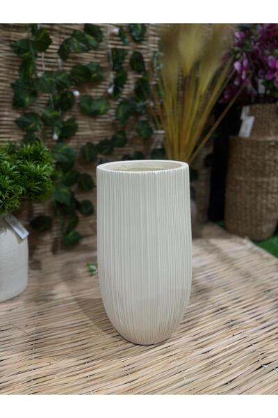 Ekodoğa 44 Cm Krem Renk Uzun Silindir Hafif Beton Saksı
