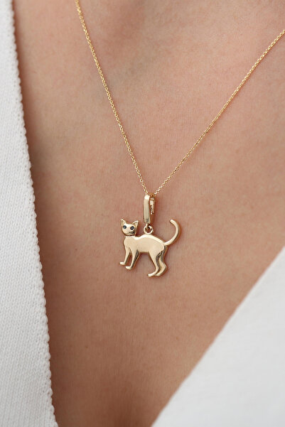Bayar Gold 14 Ayar Siyah Taşlı Kedi Kilitli Charm Kolye