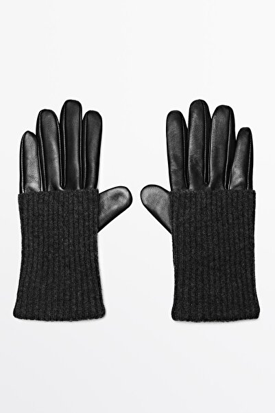 Massimo Dutti Kontrast napa deri ve örgü eldiven