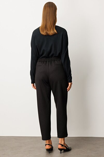 Ekol Women's Plus Size Elastic Waist Accessory Detailed Trousers 1043 Black