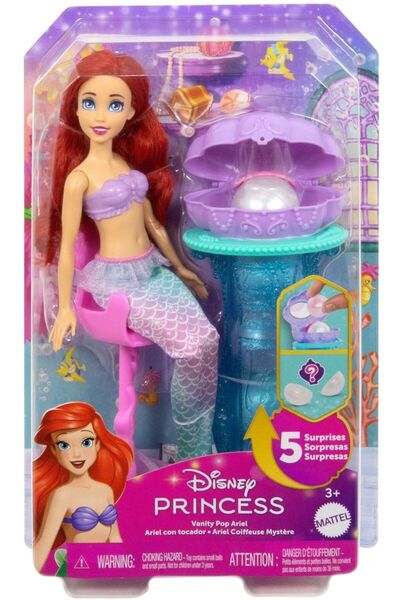Disney Papusa Printesa Ariel cu set de toaleta, cu 5 surprize, Multicolor
