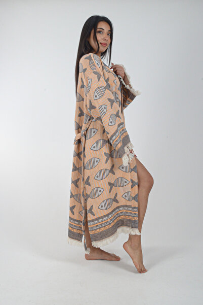 REİNA TEKS Kimono Kaftan Fish Patterned 1 Piece Bohemian Bathrobe Unisex Jacquard 3 Layers Muslin Fabric