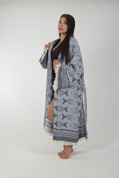 REİNA TEKS Kimono Kaftan Fish Patterned 1 Piece Bohemian Bathrobe Unisex Jacquard 3 Layers Muslin Fabric