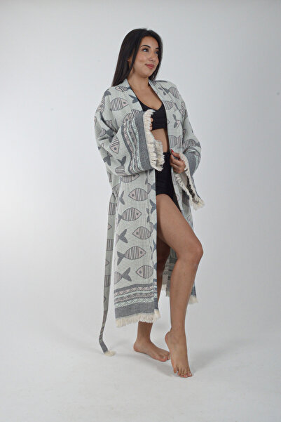 REİNA TEKS Kimono Kaftan Fish Patterned 1 Piece Bohemian Bathrobe Unisex Jacquard 3 Layers Muslin Fabric