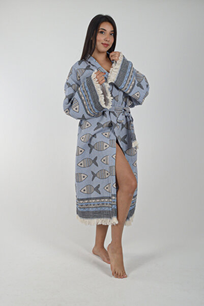 REİNA TEKS Kimono Kaftan Fish Patterned 1 Piece Bohemian Bathrobe Unisex Jacquard 3 Layers Muslin Fabric