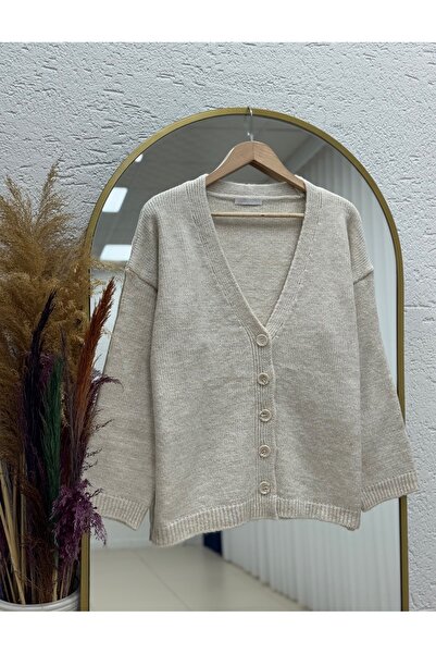 MİHRA STORE Ferilia Buttoned Knitted Sweater Cardigan-Zi̇6229 Stone