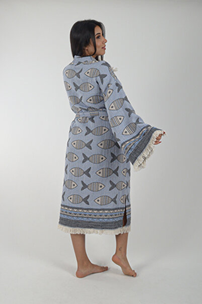 REİNA TEKS Kimono Kaftan Fish Patterned 1 Piece Bohemian Bathrobe Unisex Jacquard 3 Layers Muslin Fabric