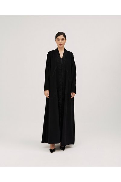 SOROSE SA Black wrap abaya with ceramic cloche embroidered with Harry and crystals