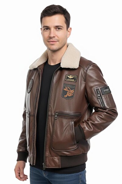 Deriderim Aviator 32 Brown Genuine Leather Patched Men's Bomber Jacket