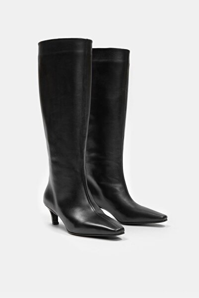 NILUFARR Rolene Black Genuine Leather Short Heeled Women's Boots