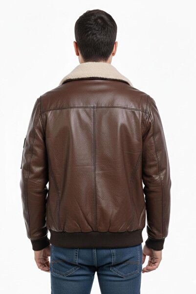 Deriderim Aviator 32 Brown Genuine Leather Patched Men's Bomber Jacket