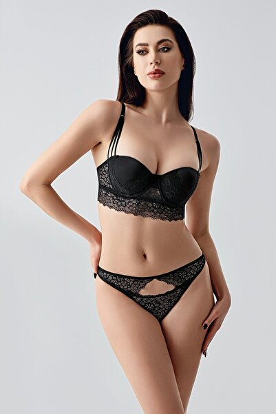 cotonhause Women's Unpadded Black Lace Bustier Bra Suit C2T6N1433