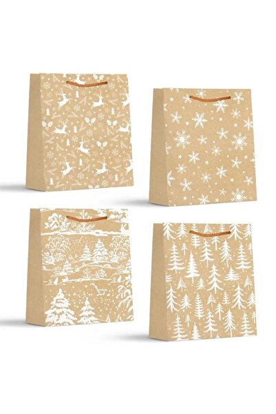 SONORH Set of 4 Christmas Gift Bags, 40×31x12 cm, Holiday Themed, Cream