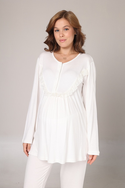 LOHOUSE Women's Ecru Shawl Collar Lace Design Cotton Maternity Pajamas 3-Piece Set