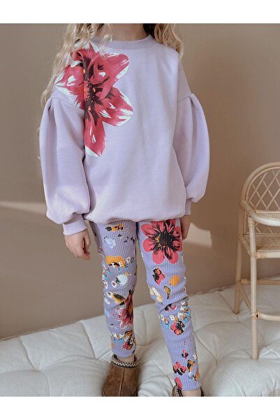 Patriko Girls' Winter Sweatshirt Leggings New Season Ş Fleece-Lined Flower Detail Stylish Bottom Top Set