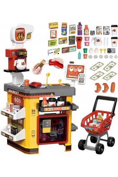 Matadi Supermarket set with cash register scanner and 65 accessories included Yellow