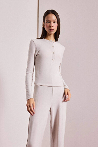 DeFacto F1879Axbg583 Beige Fitted Buttoned Collar Long Sleeve T-Shirt