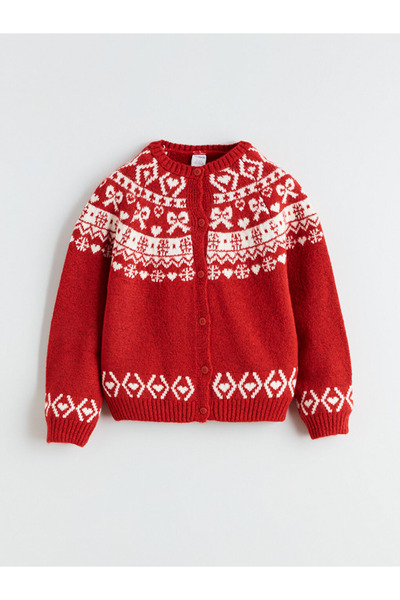 LC Waikiki Kids Red Crew Neck Girls' Knitwear Cardigan